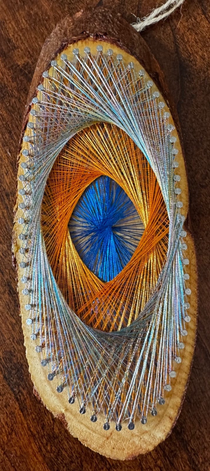 7” Blue & Copper Spiral String Art -Handmade Optical Geometric Art on Natural Wood, Boho Ornament & Wall Decor — handmade string art by Asja