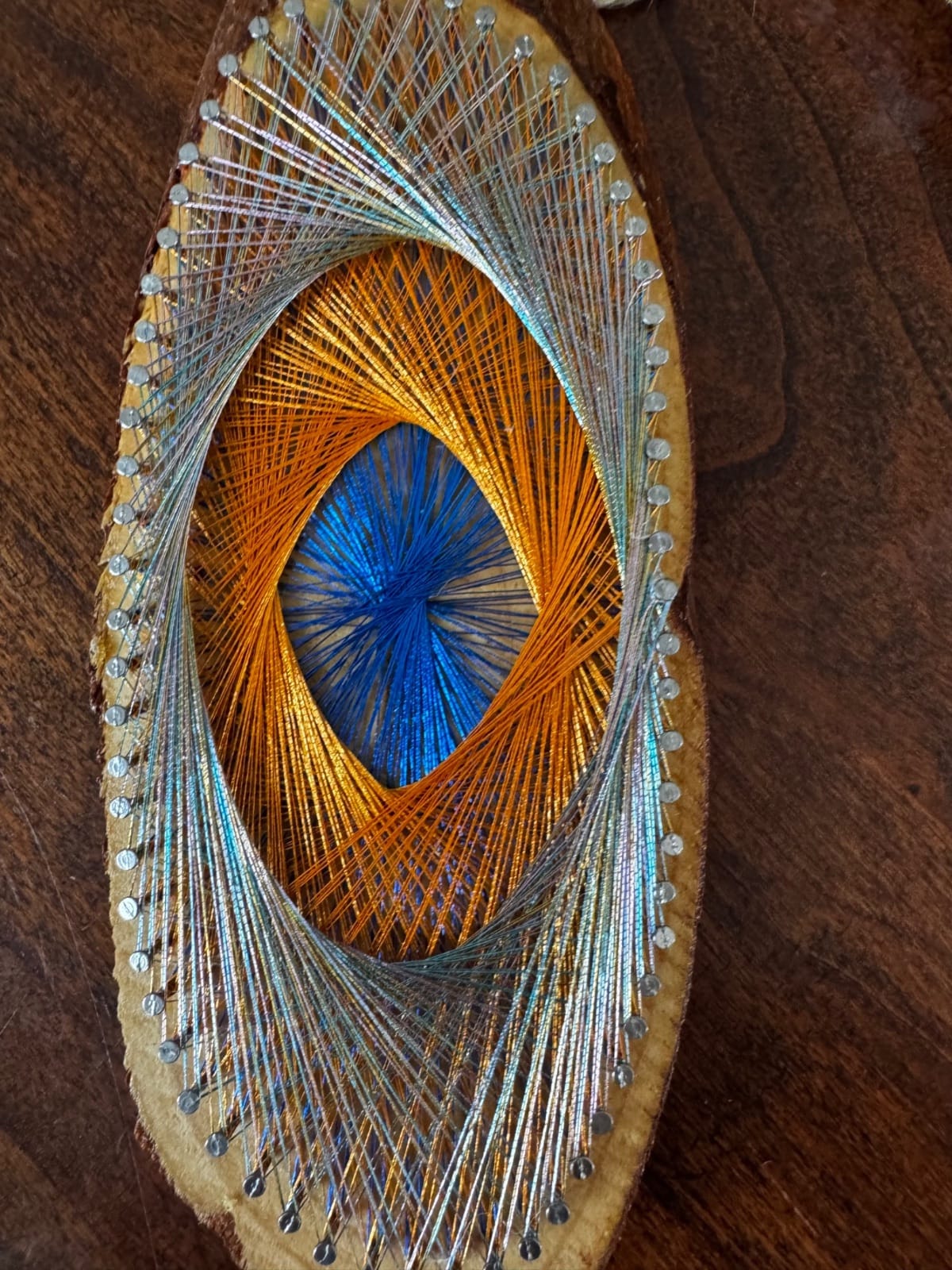 7” Blue & Copper Spiral String Art -Handmade Optical Geometric Art on Natural Wood, Boho Ornament & Wall Decor, detail view 2 — handmade string art by Asja