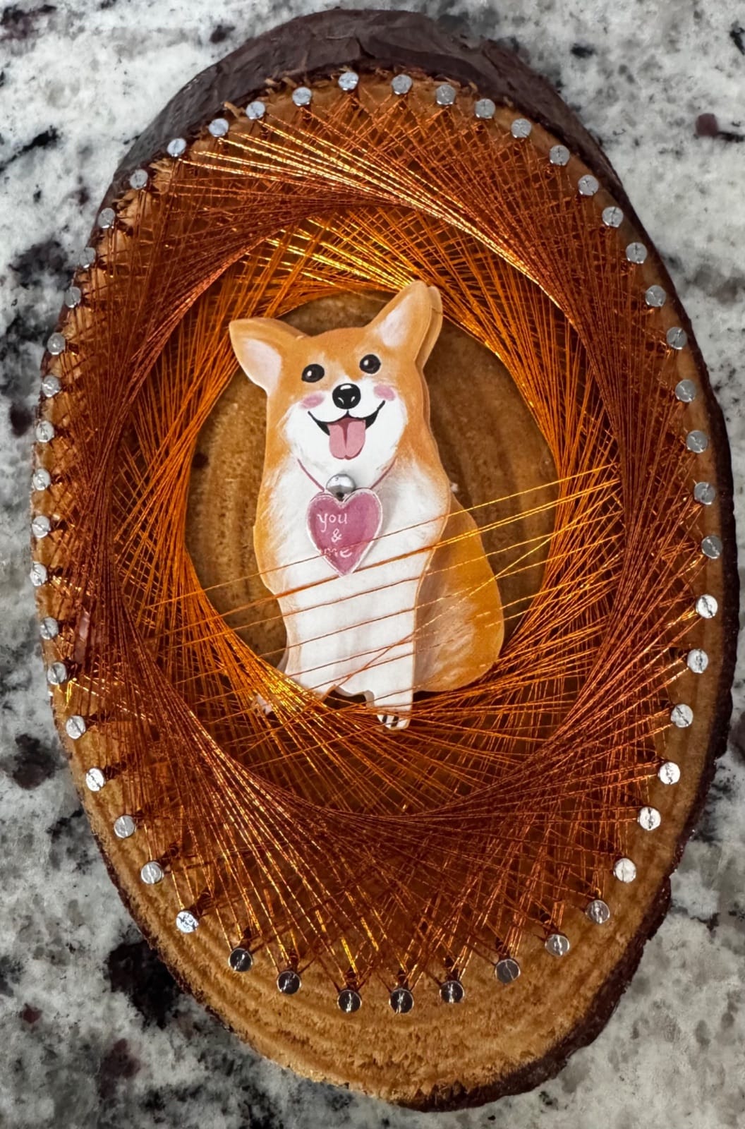 Corgi Love String Art Ornament – Handmade Copper Thread Art on Natural Wood, Rustic Ornament & Dog Lover Gift — handmade string art by Asja