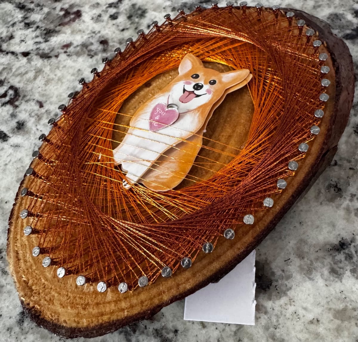 Corgi Love String Art Ornament – Handmade Copper Thread Art on Natural Wood, Rustic Ornament & Dog Lover Gift, detail view 2 — handmade string art by Asja