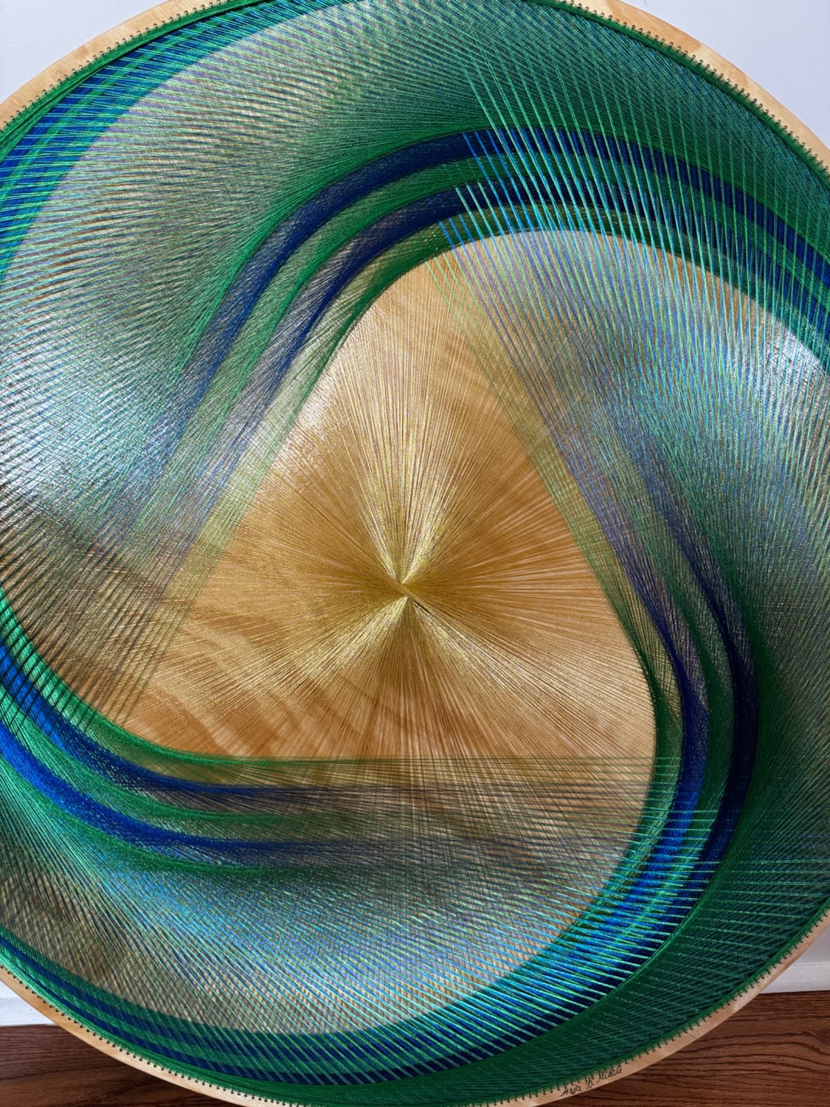 36” Emerald & Gold Spiral String Art – Large Sacred Geometry Wall Art, Handmade Modern Statement Decor, detail view 4 — handmade string art by Asja