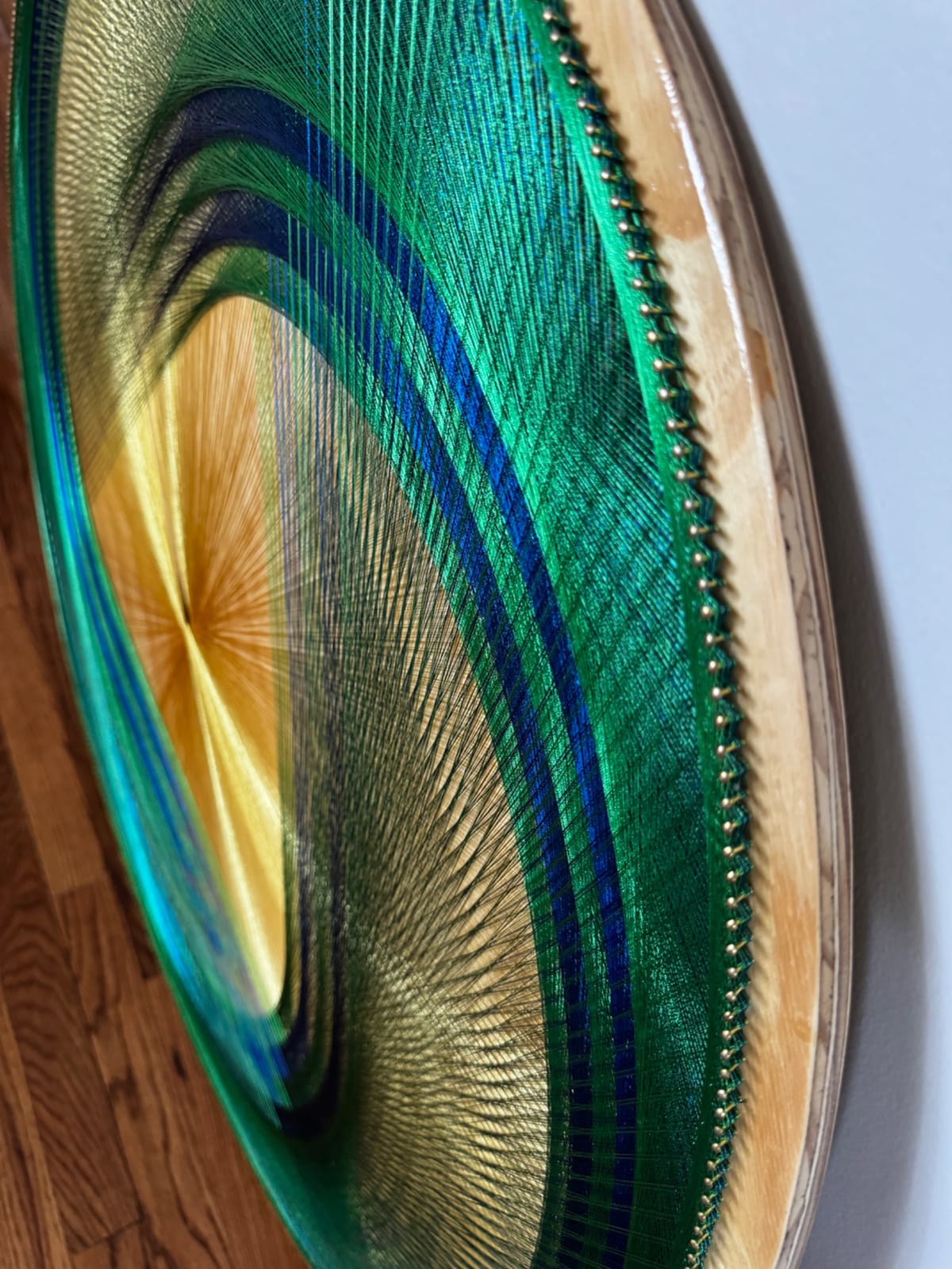 36” Emerald & Gold Spiral String Art – Large Sacred Geometry Wall Art, Handmade Modern Statement Decor, detail view 5 — handmade string art by Asja