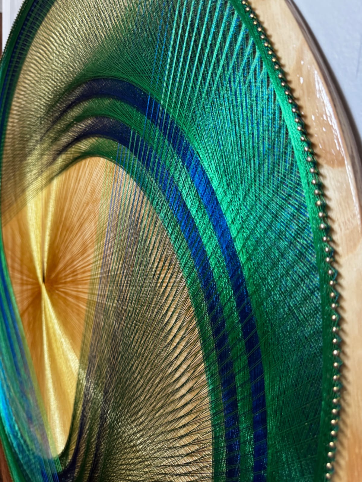 36” Emerald & Gold Spiral String Art – Large Sacred Geometry Wall Art, Handmade Modern Statement Decor, detail view 6 — handmade string art by Asja