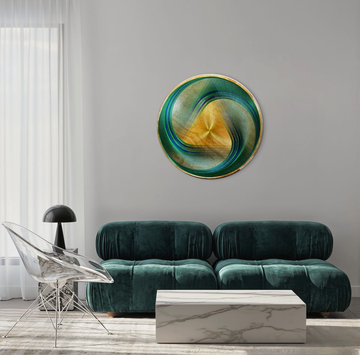36” Emerald & Gold Spiral String Art – Large Sacred Geometry Wall Art, Handmade Modern Statement Decor, detail view 7 — handmade string art by Asja