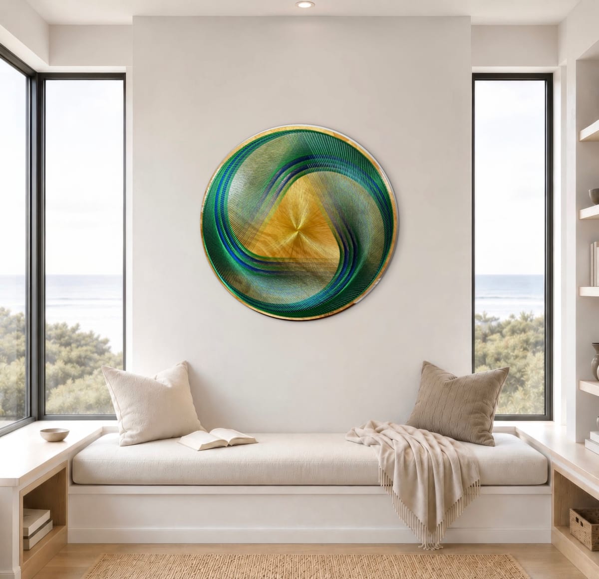 36” Emerald & Gold Spiral String Art – Large Sacred Geometry Wall Art, Handmade Modern Statement Decor, detail view 2 — handmade string art by Asja