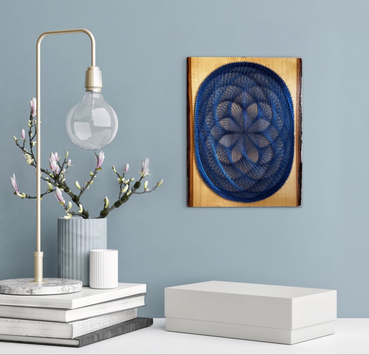 Blue Dahlia String Art on Live-Edge Wood – Handmade Floral Mandala Wall Art, Navy Boho Decor — handmade string art by Asja