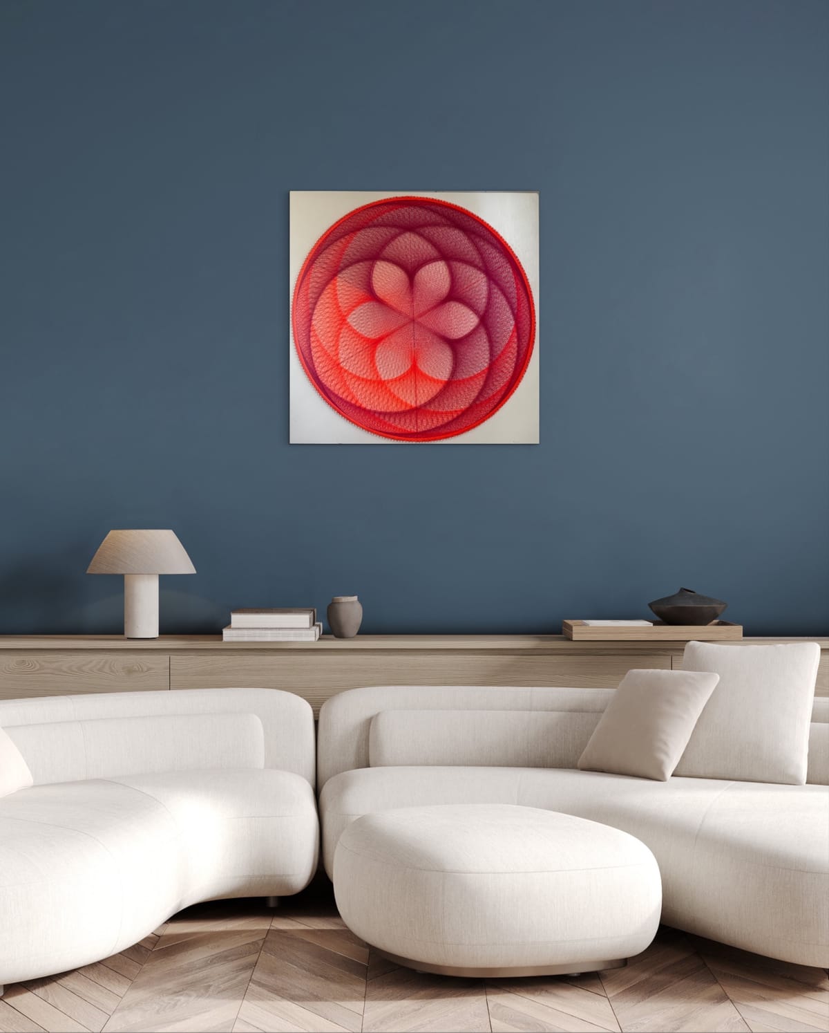 Flower of Life String Art Mandala – Magenta Orange Sacred Geometry Wall Art, Handmade Modern Boho Decor, detail view 7 — handmade string art by Asja