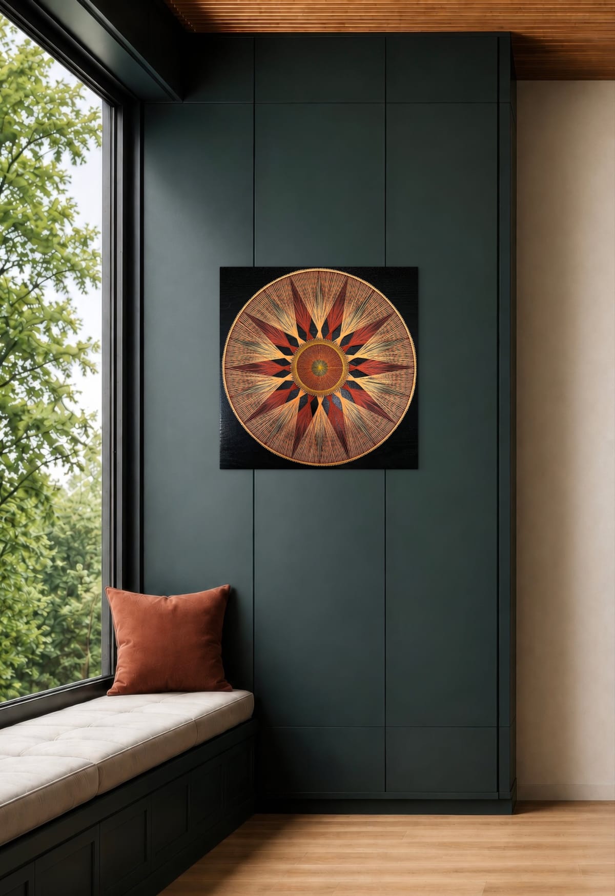 Sunburst String Art Mandala – Red Gold Geometric Wall Art, Handmade Boho Statement Decor — handmade string art by Asja