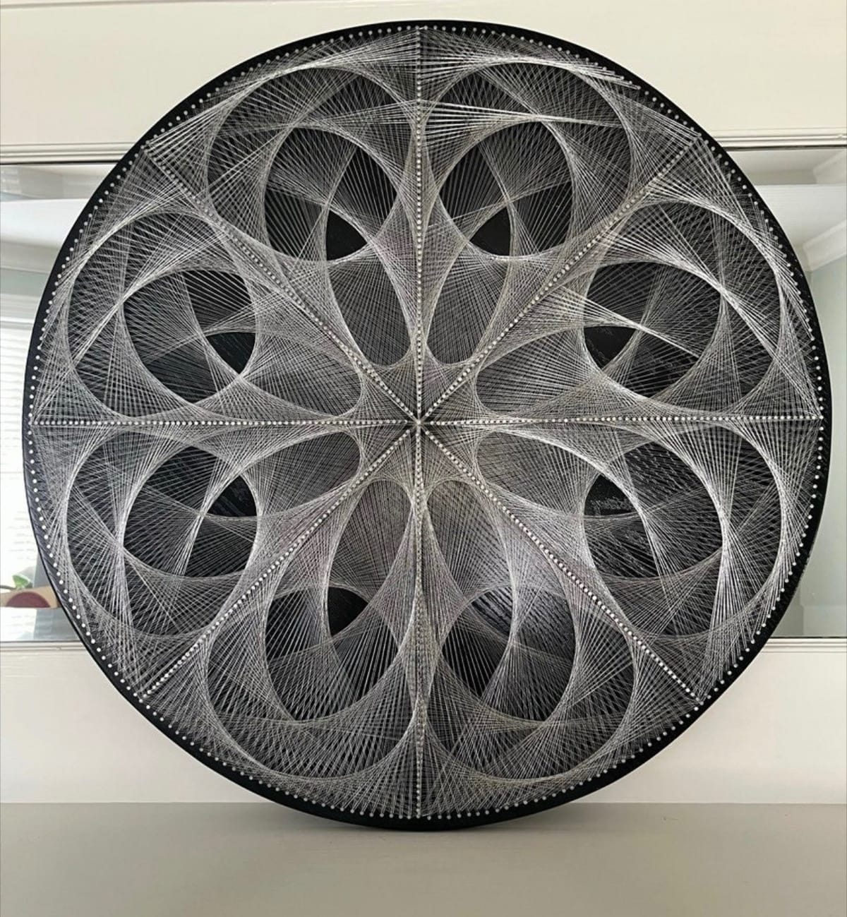 Silver Sacred Geometry String Art Wall Decor Large Geometric Mandala – Modern Black & Silver Statement Wall Art, detail view 2 — handmade string art by Asja