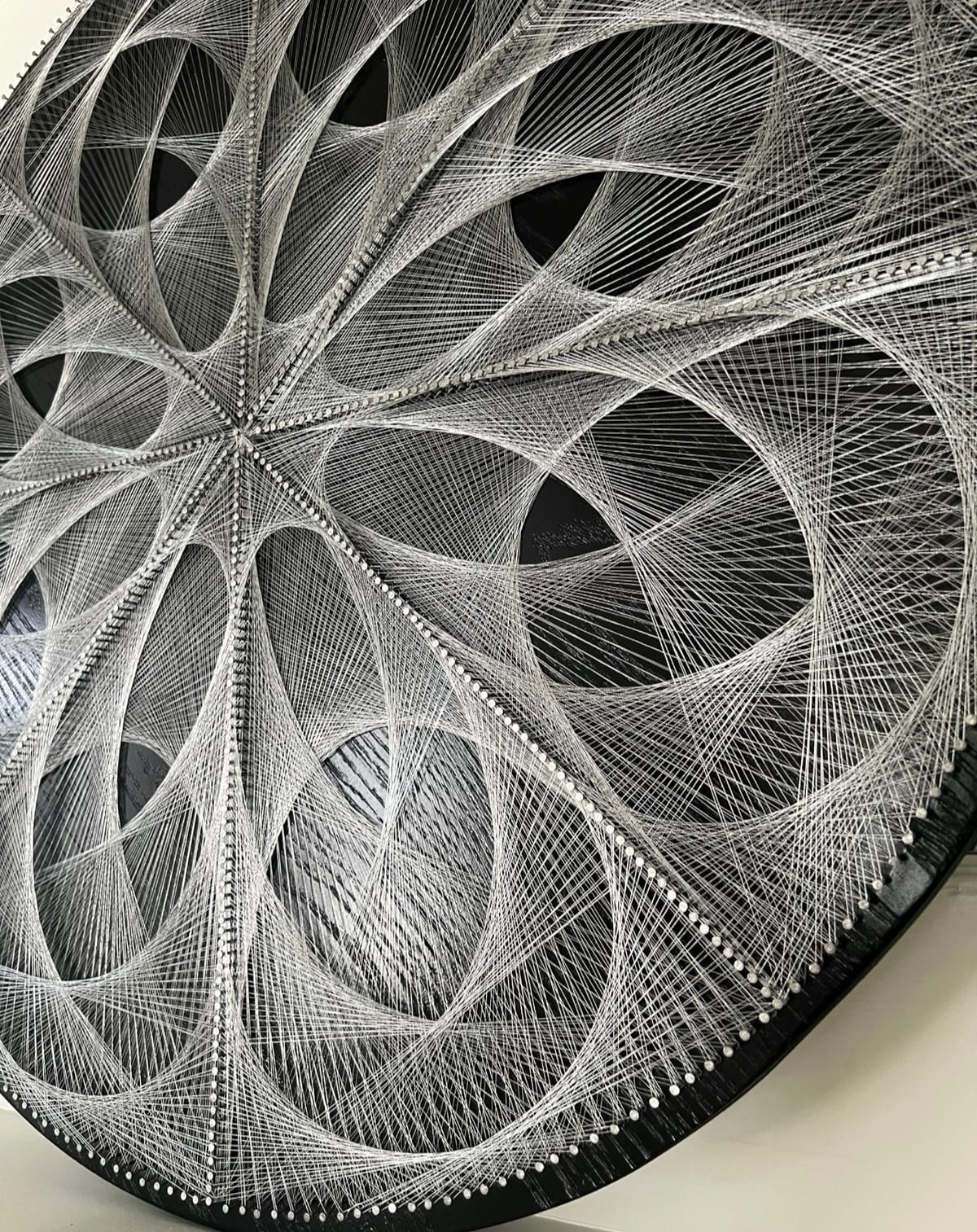 Silver Sacred Geometry String Art Wall Decor Large Geometric Mandala – Modern Black & Silver Statement Wall Art, detail view 5 — handmade string art by Asja