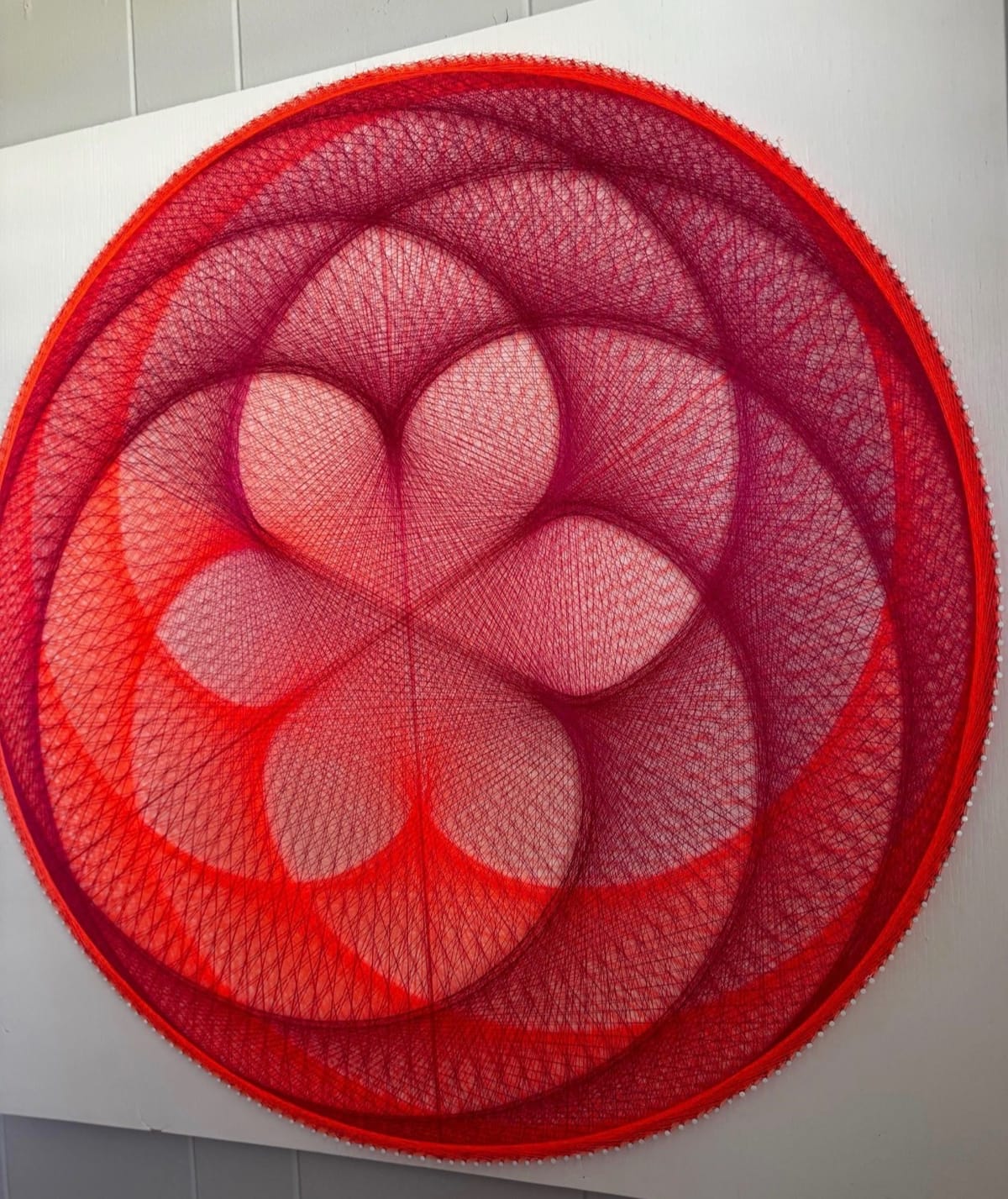 Flower of Life String Art Mandala – Magenta Orange Sacred Geometry Wall Art, Handmade Modern Boho Decor, detail view 4 — handmade string art by Asja