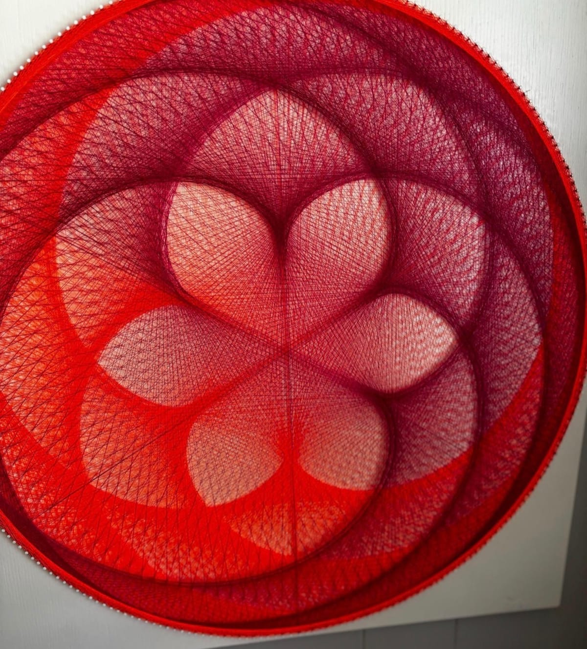 Flower of Life String Art Mandala – Magenta Orange Sacred Geometry Wall Art, Handmade Modern Boho Decor, detail view 5 — handmade string art by Asja