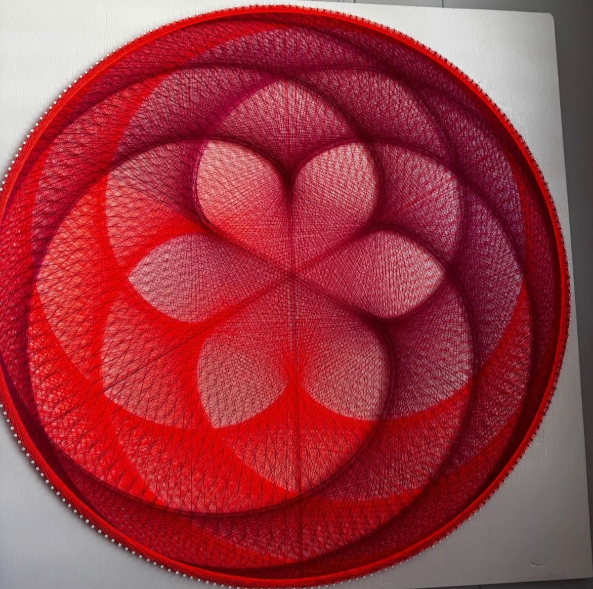 Flower of Life String Art Mandala – Magenta Orange Sacred Geometry Wall Art, Handmade Modern Boho Decor, detail view 6 — handmade string art by Asja