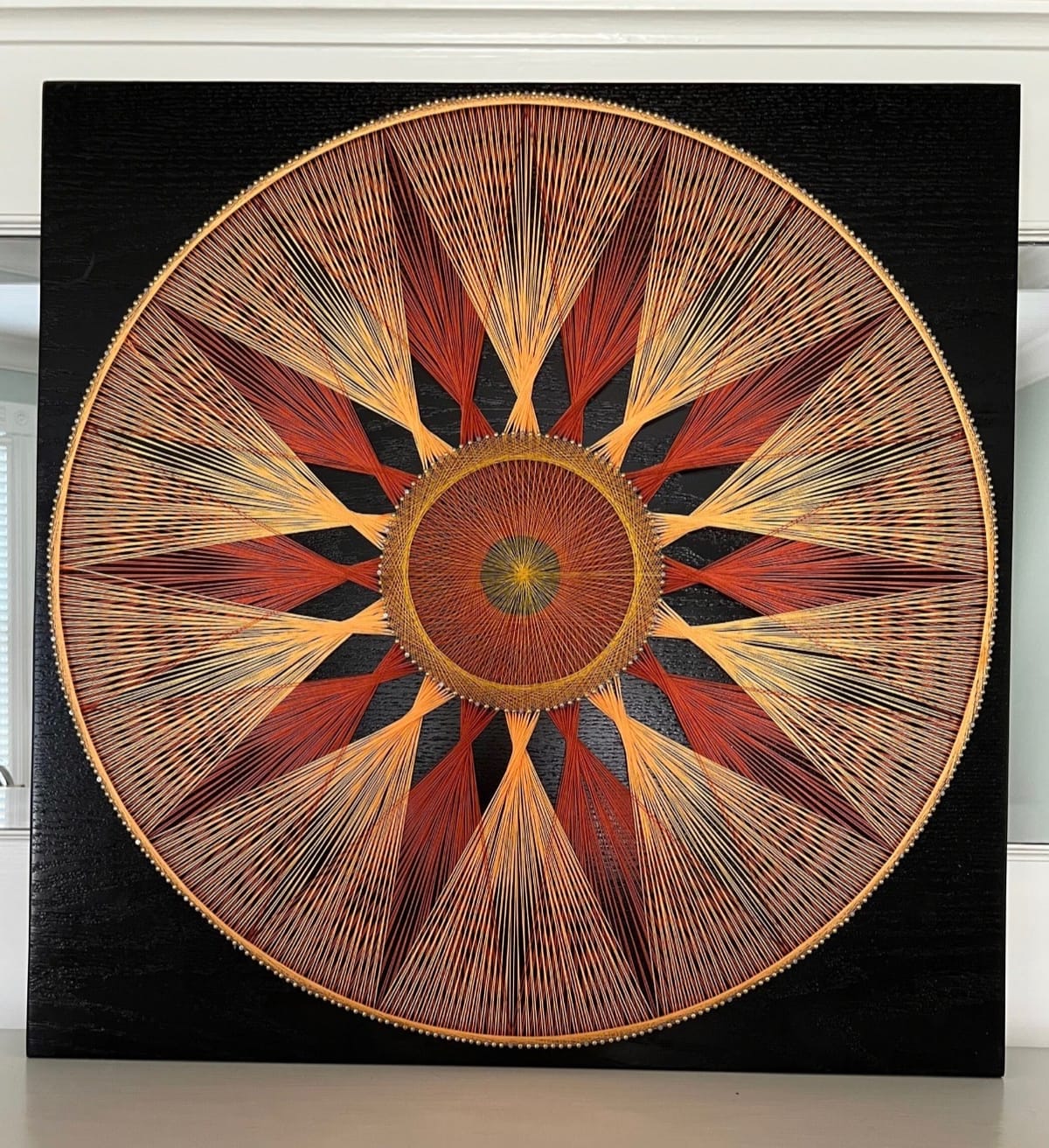 Sunburst String Art Mandala – Red Gold Geometric Wall Art, Handmade Boho Statement Decor, detail view 3 — handmade string art by Asja