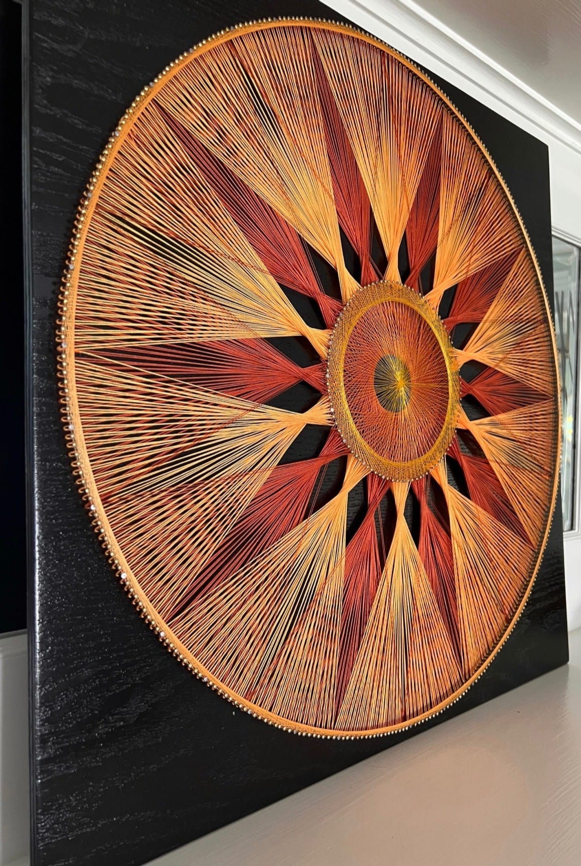 Sunburst String Art Mandala – Red Gold Geometric Wall Art, Handmade Boho Statement Decor, detail view 4 — handmade string art by Asja