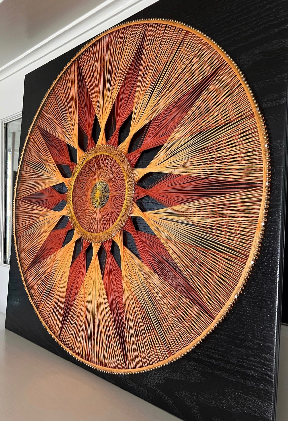 Sunburst String Art Mandala – Red Gold Geometric Wall Art, Handmade Boho Statement Decor, detail view 5 — handmade string art by Asja