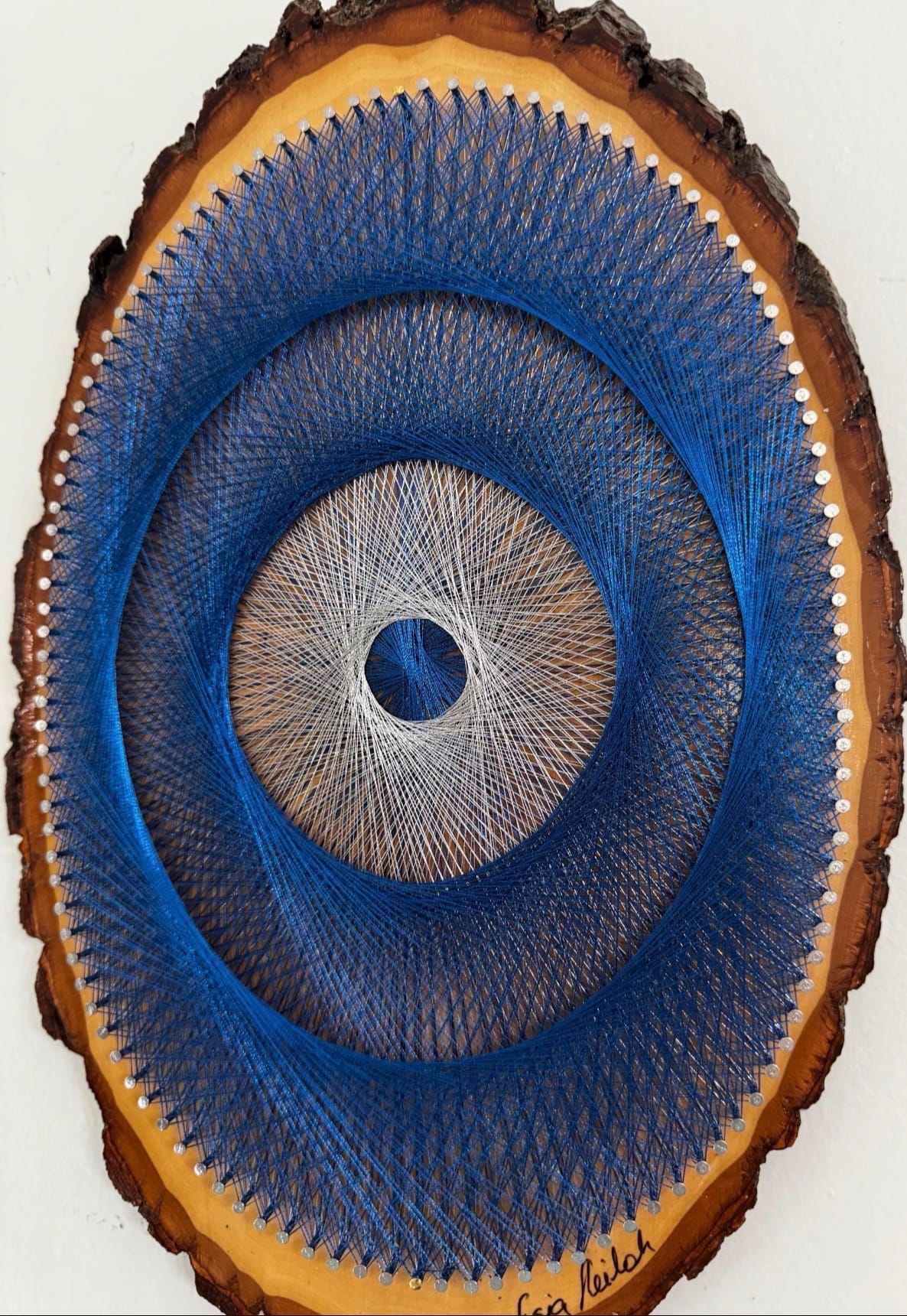 Blue Evil Eye String Art on Live-Edge Wood – Cobalt & Silver Protection Wall Art, Handmade Boho Decor, detail view 5 — handmade string art by Asja