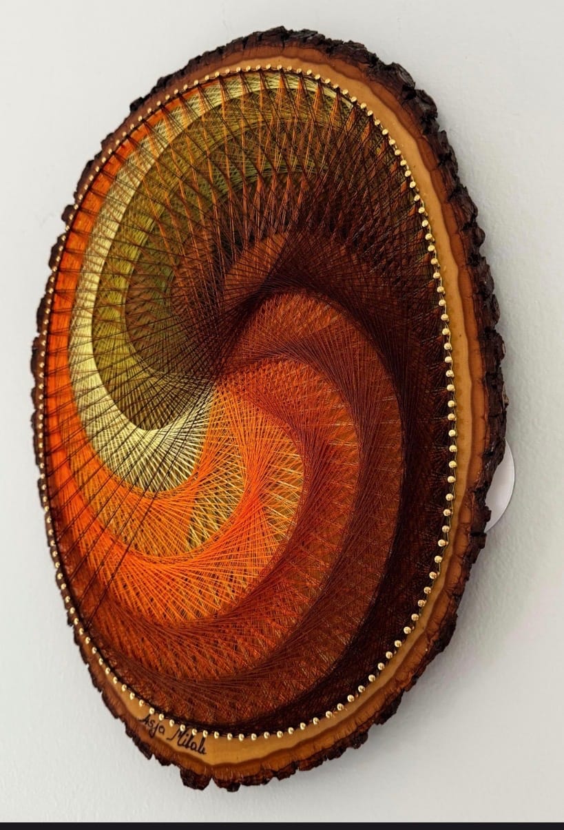 Autumn Spiral String Art on Live-Edge Wood – Earthy Orange Brown Geometric Wall Art, Handmade Rustic Boho Decor, detail view 3 — handmade string art by Asja