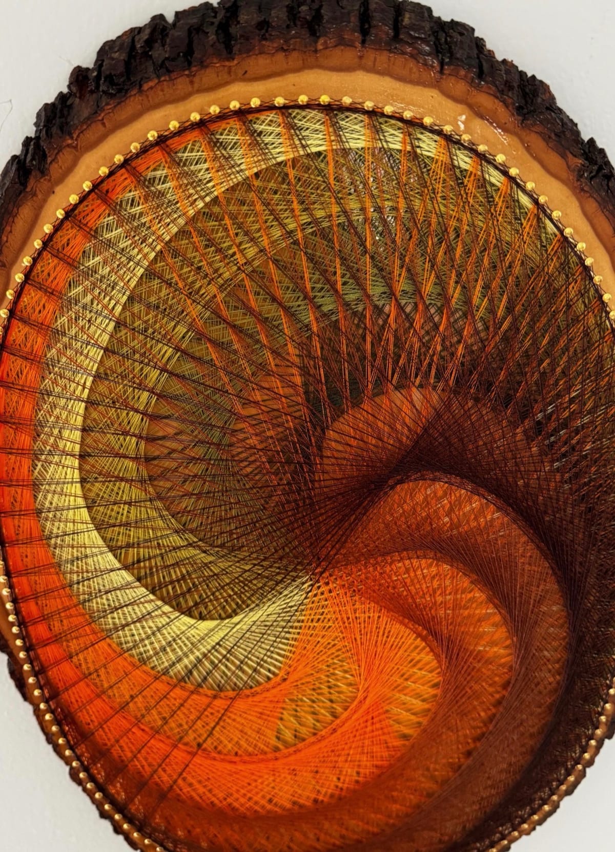 Autumn Spiral String Art on Live-Edge Wood – Earthy Orange Brown Geometric Wall Art, Handmade Rustic Boho Decor, detail view 4 — handmade string art by Asja