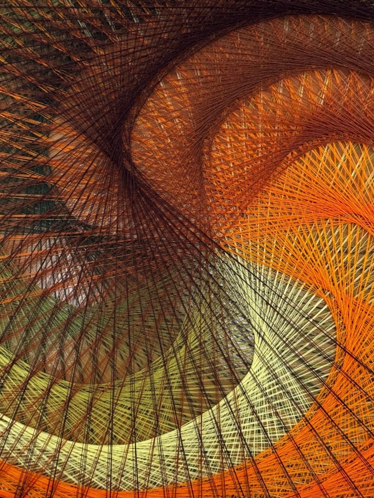 Autumn Spiral String Art on Live-Edge Wood – Earthy Orange Brown Geometric Wall Art, Handmade Rustic Boho Decor, detail view 5 — handmade string art by Asja