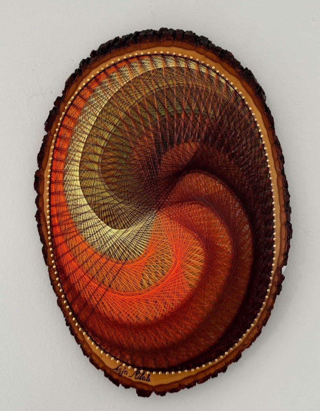 Autumn Spiral String Art on Live-Edge Wood – Earthy Orange Brown Geometric Wall Art, Handmade Rustic Boho Decor, detail view 2 — handmade string art by Asja