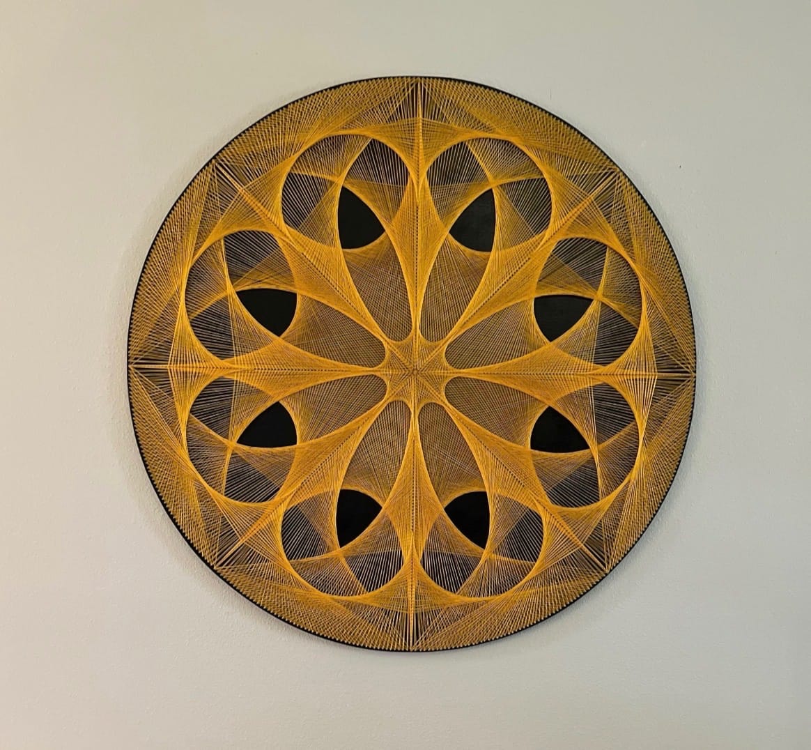 48” Golden Sacred Geometry String Art Mandala – Large Yoga Studio Wall Art, Handmade Meditation Decor, detail view 2 — handmade string art by Asja