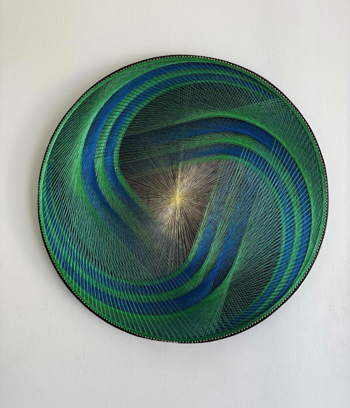 Green Blue Spiral String Art Mandala – Sacred Geometry Wall Art, Handmade Meditation & Yoga Studio Decor, detail view 2 — handmade string art by Asja