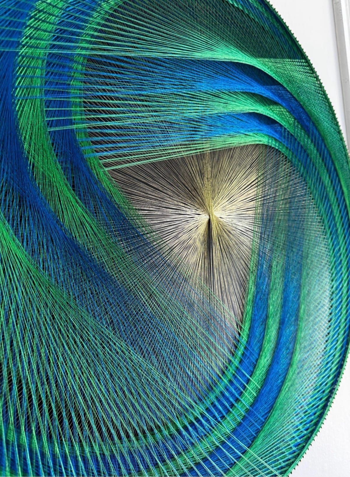 Green Blue Spiral String Art Mandala – Sacred Geometry Wall Art, Handmade Meditation & Yoga Studio Decor, detail view 3 — handmade string art by Asja