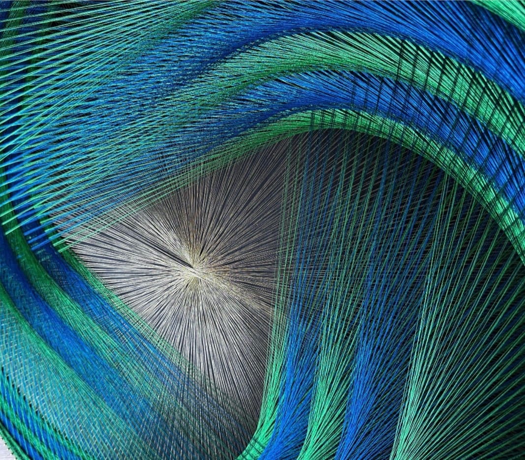 Green Blue Spiral String Art Mandala – Sacred Geometry Wall Art, Handmade Meditation & Yoga Studio Decor, detail view 5 — handmade string art by Asja
