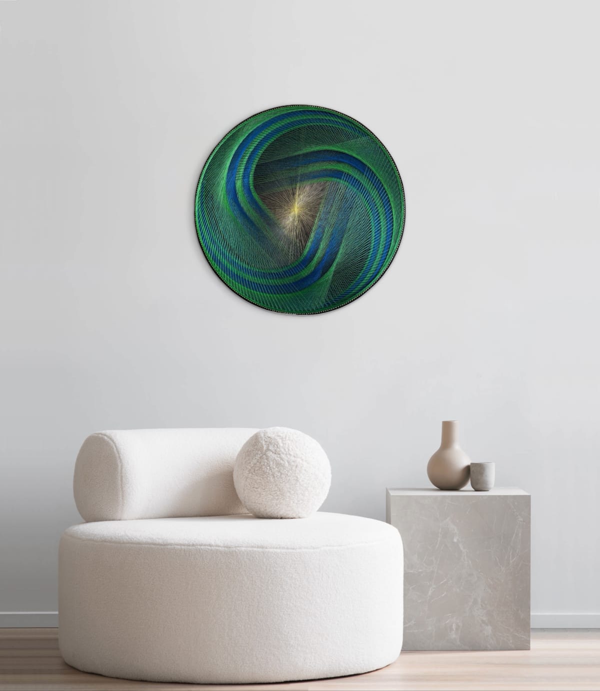 Green Blue Spiral String Art Mandala – Sacred Geometry Wall Art, Handmade Meditation & Yoga Studio Decor, detail view 6 — handmade string art by Asja