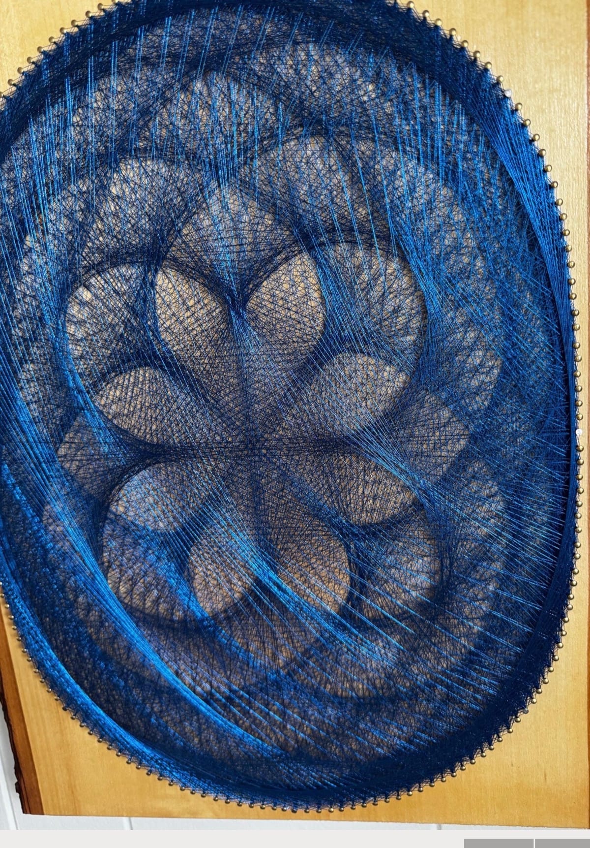 Blue Dahlia String Art on Live-Edge Wood – Handmade Floral Mandala Wall Art, Navy Boho Decor, detail view 3 — handmade string art by Asja