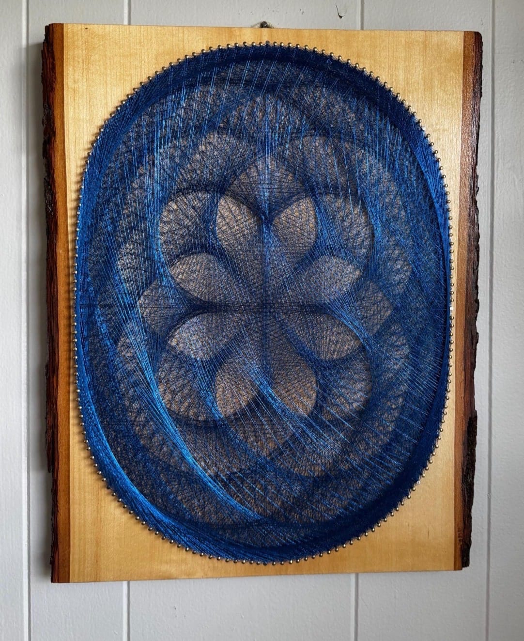 Blue Dahlia String Art on Live-Edge Wood – Handmade Floral Mandala Wall Art, Navy Boho Decor, detail view 2 — handmade string art by Asja