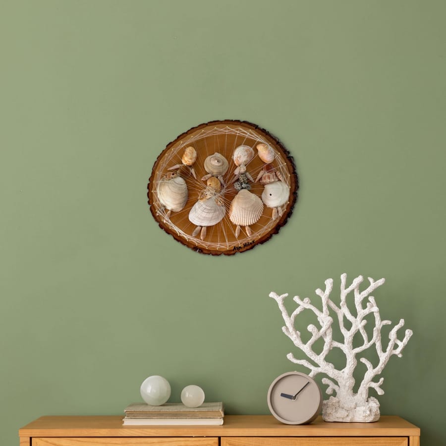 Handmade Seashell String Art on Live-Edge Wood – Coastal Wall Art, Beach House & Nursery Decor — handmade string art by Asja
