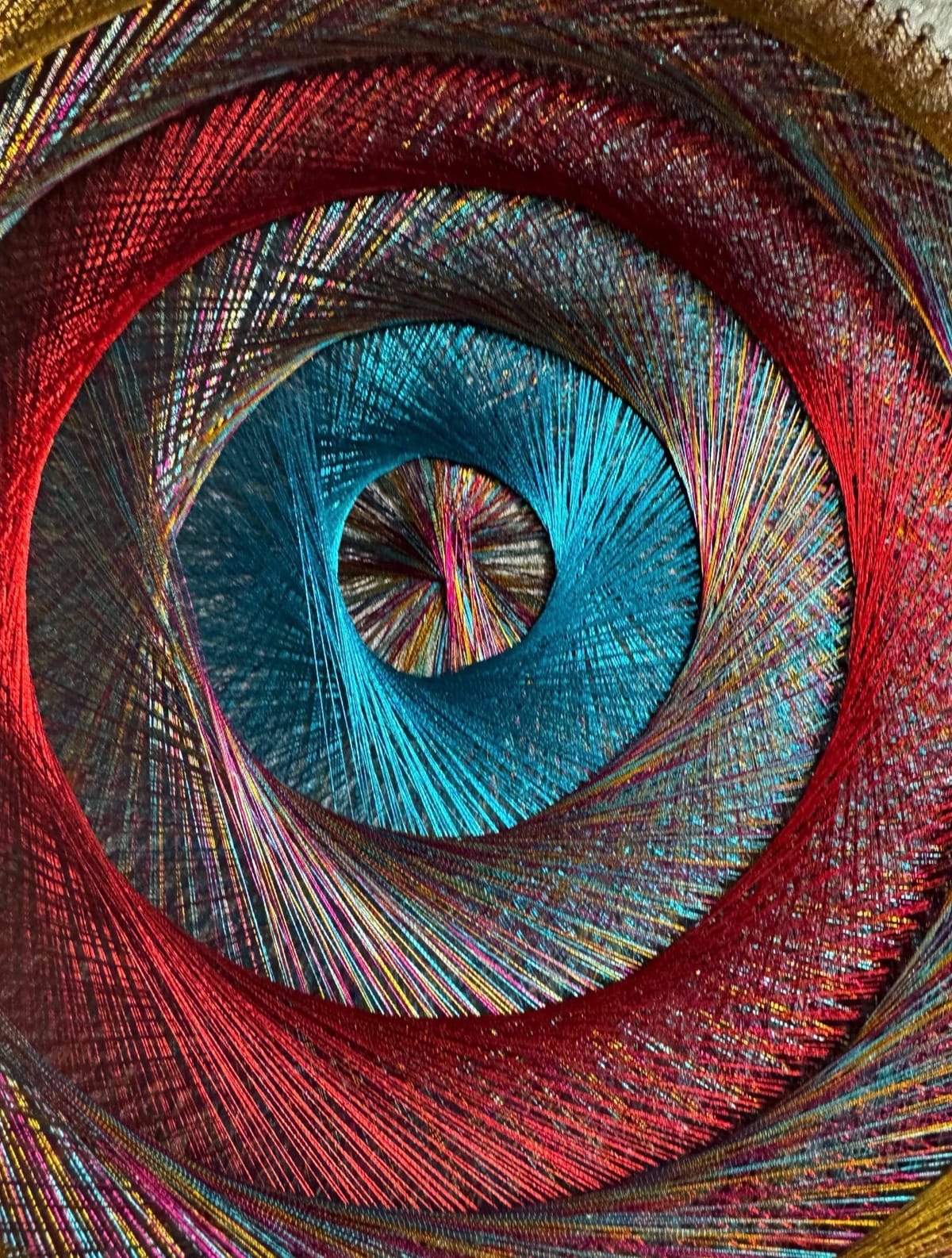 Rainbow Spiral String Art on Live-Edge Wood – Colorful Sacred Geometry Wall Art, Handmade Boho Decor, detail view 4 — handmade string art by Asja