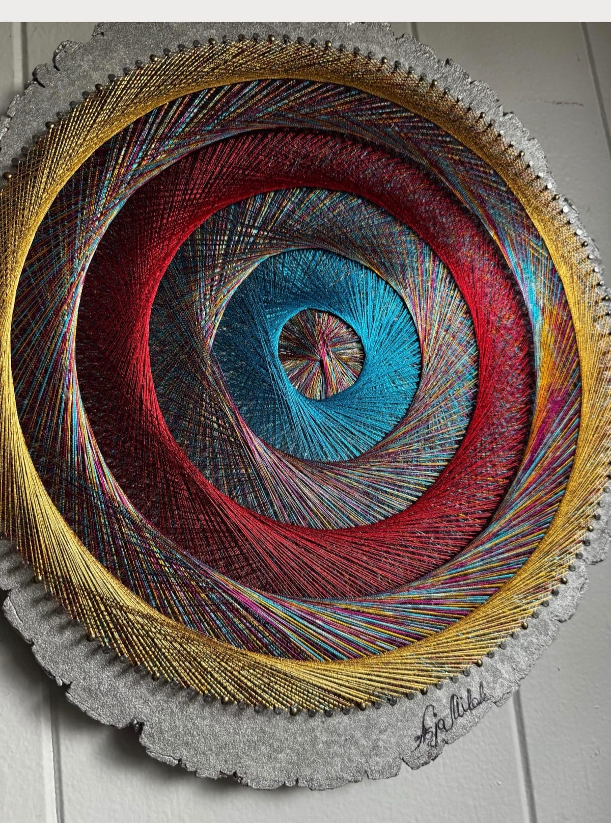 Rainbow Spiral String Art on Live-Edge Wood – Colorful Sacred Geometry Wall Art, Handmade Boho Decor, detail view 2 — handmade string art by Asja