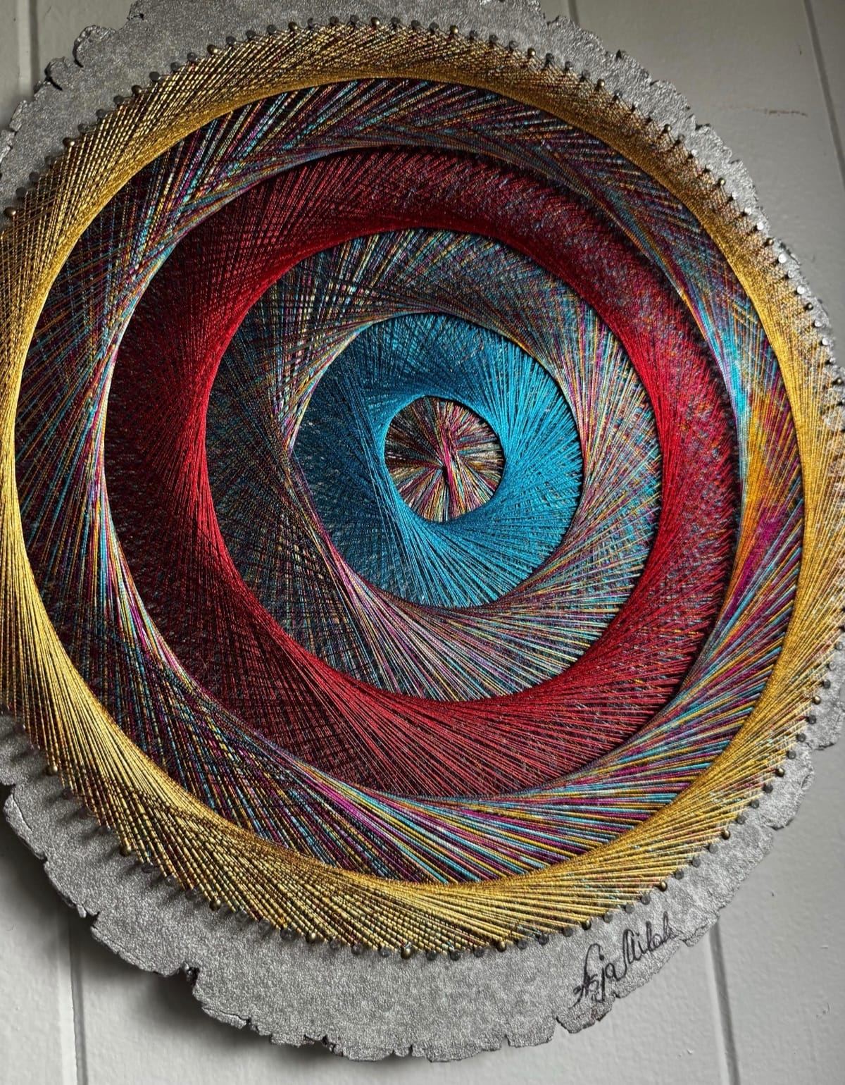 Rainbow Spiral String Art on Live-Edge Wood – Colorful Sacred Geometry Wall Art, Handmade Boho Decor, detail view 3 — handmade string art by Asja