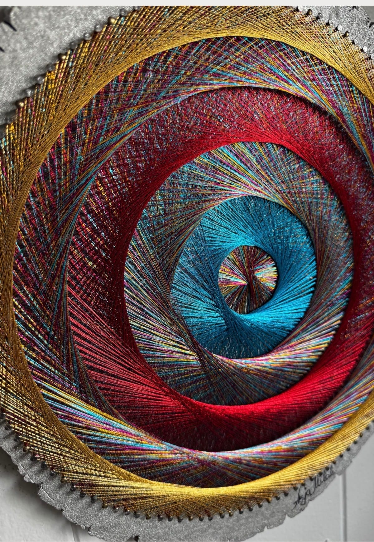 Rainbow Spiral String Art on Live-Edge Wood – Colorful Sacred Geometry Wall Art, Handmade Boho Decor, detail view 5 — handmade string art by Asja