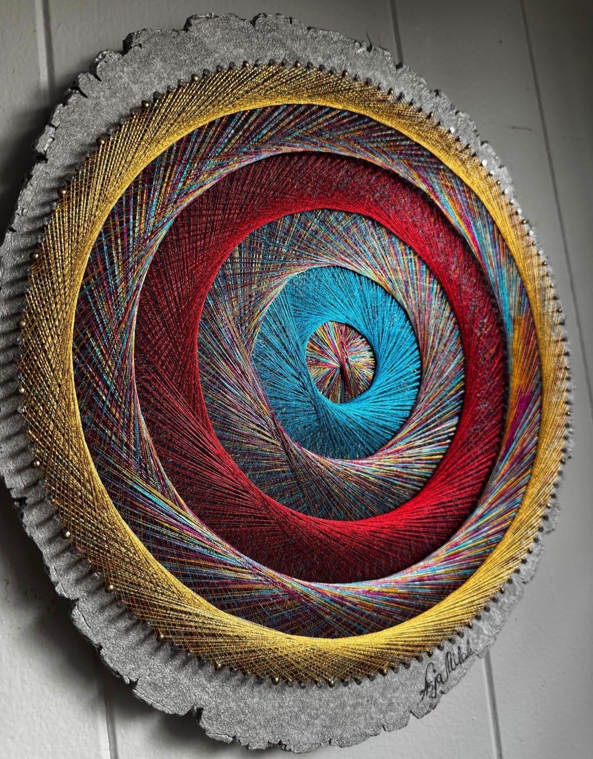 Rainbow Spiral String Art on Live-Edge Wood – Colorful Sacred Geometry Wall Art, Handmade Boho Decor, detail view 6 — handmade string art by Asja