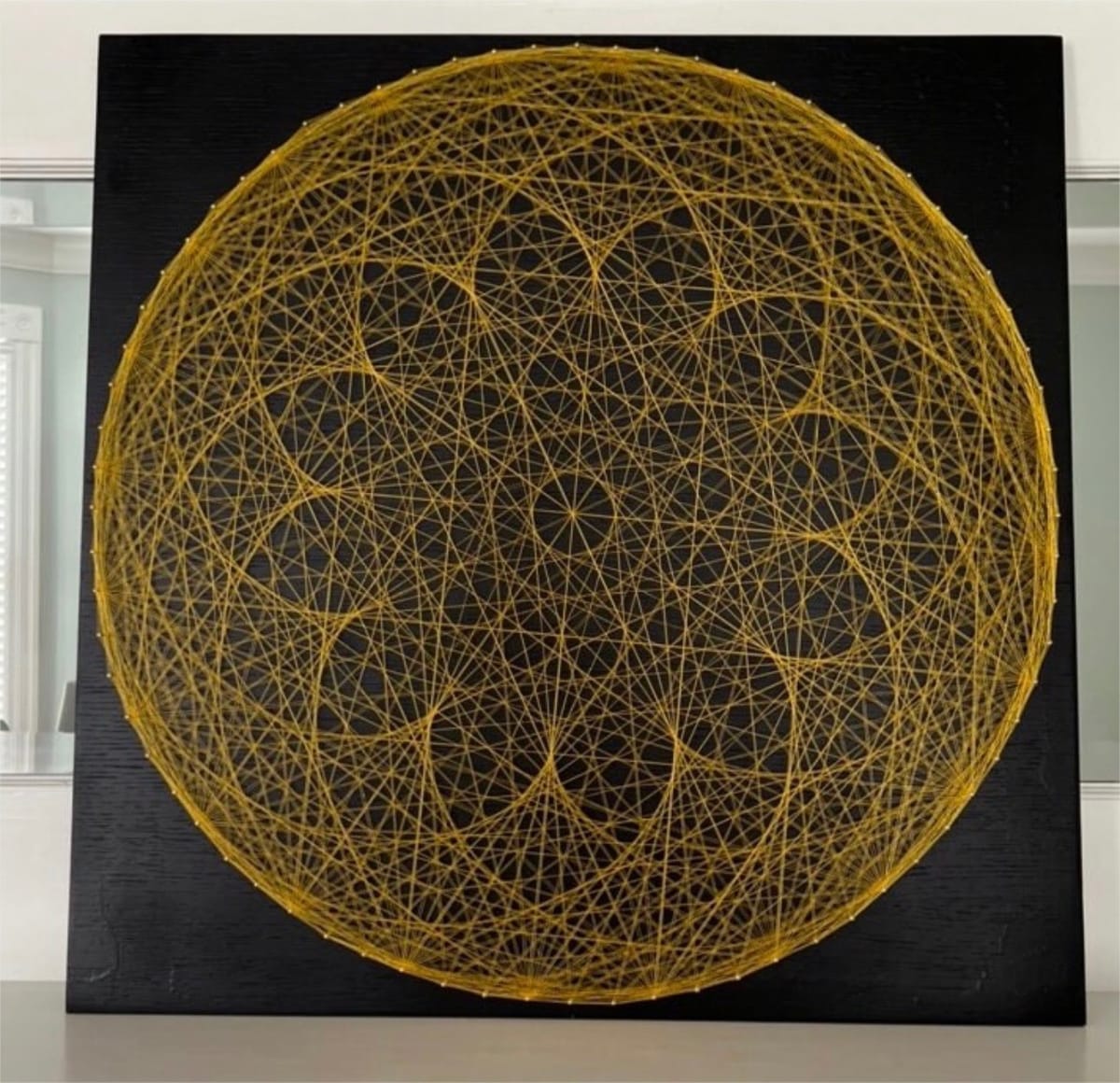 Golden Sacred Geometry String Art Mandala – Black & Gold Modern Wall Art, Meditation & Yoga Studio Decor, detail view 2 — handmade string art by Asja