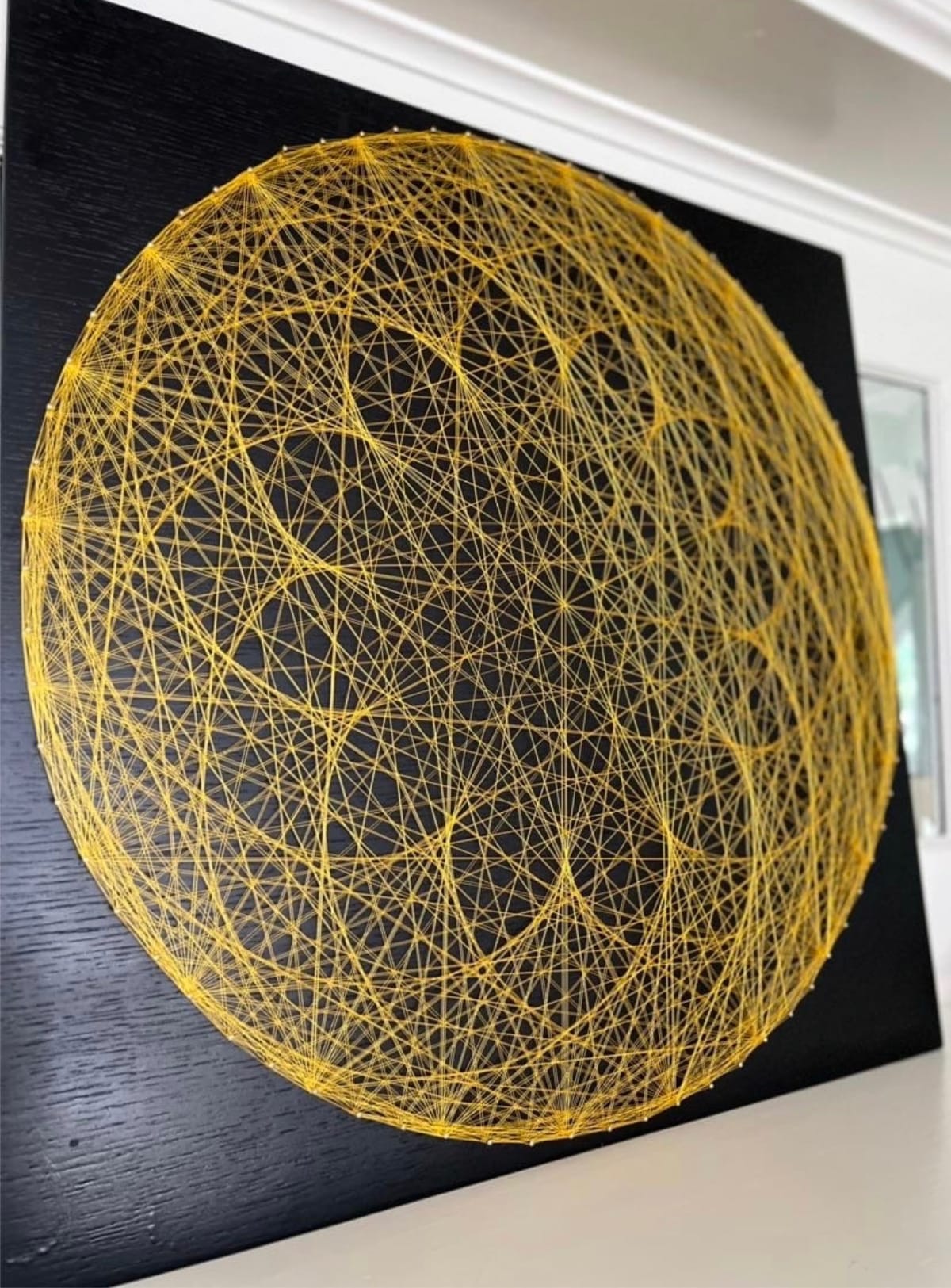 Golden Sacred Geometry String Art Mandala – Black & Gold Modern Wall Art, Meditation & Yoga Studio Decor, detail view 3 — handmade string art by Asja