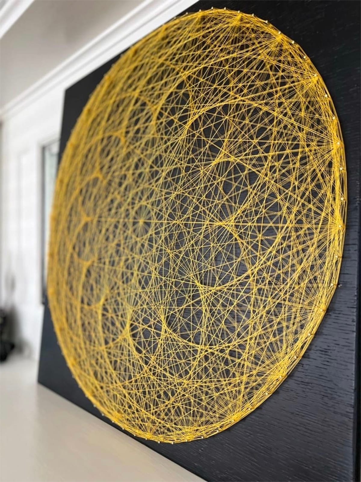 Golden Sacred Geometry String Art Mandala – Black & Gold Modern Wall Art, Meditation & Yoga Studio Decor, detail view 4 — handmade string art by Asja