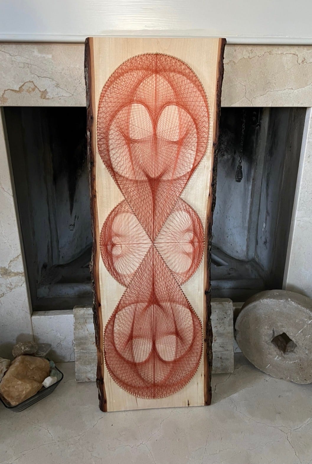 Live-Edge Wood String Art – Rust Geometric Wall Art, Handmade Organic Modern Vertical Decor, detail view 2 — handmade string art by Asja