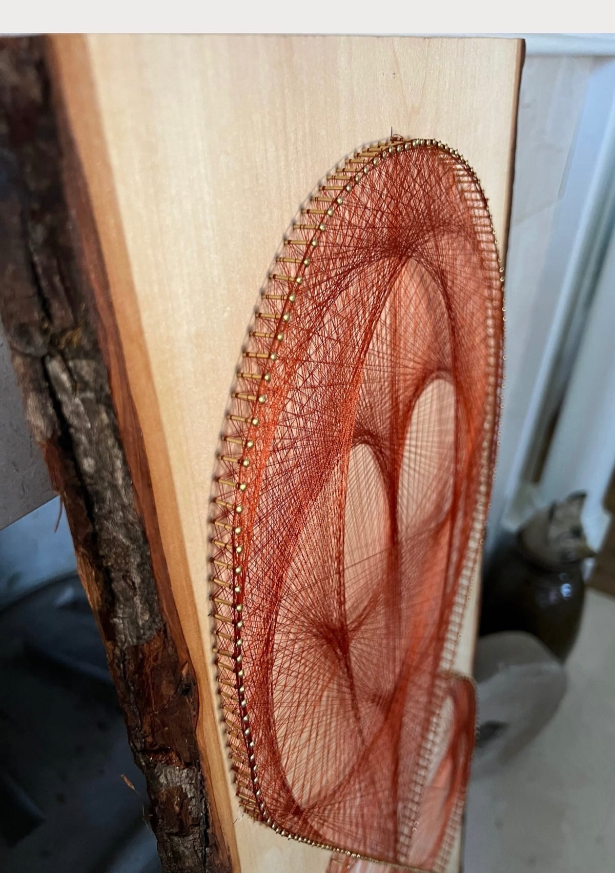 Live-Edge Wood String Art – Rust Geometric Wall Art, Handmade Organic Modern Vertical Decor, detail view 5 — handmade string art by Asja