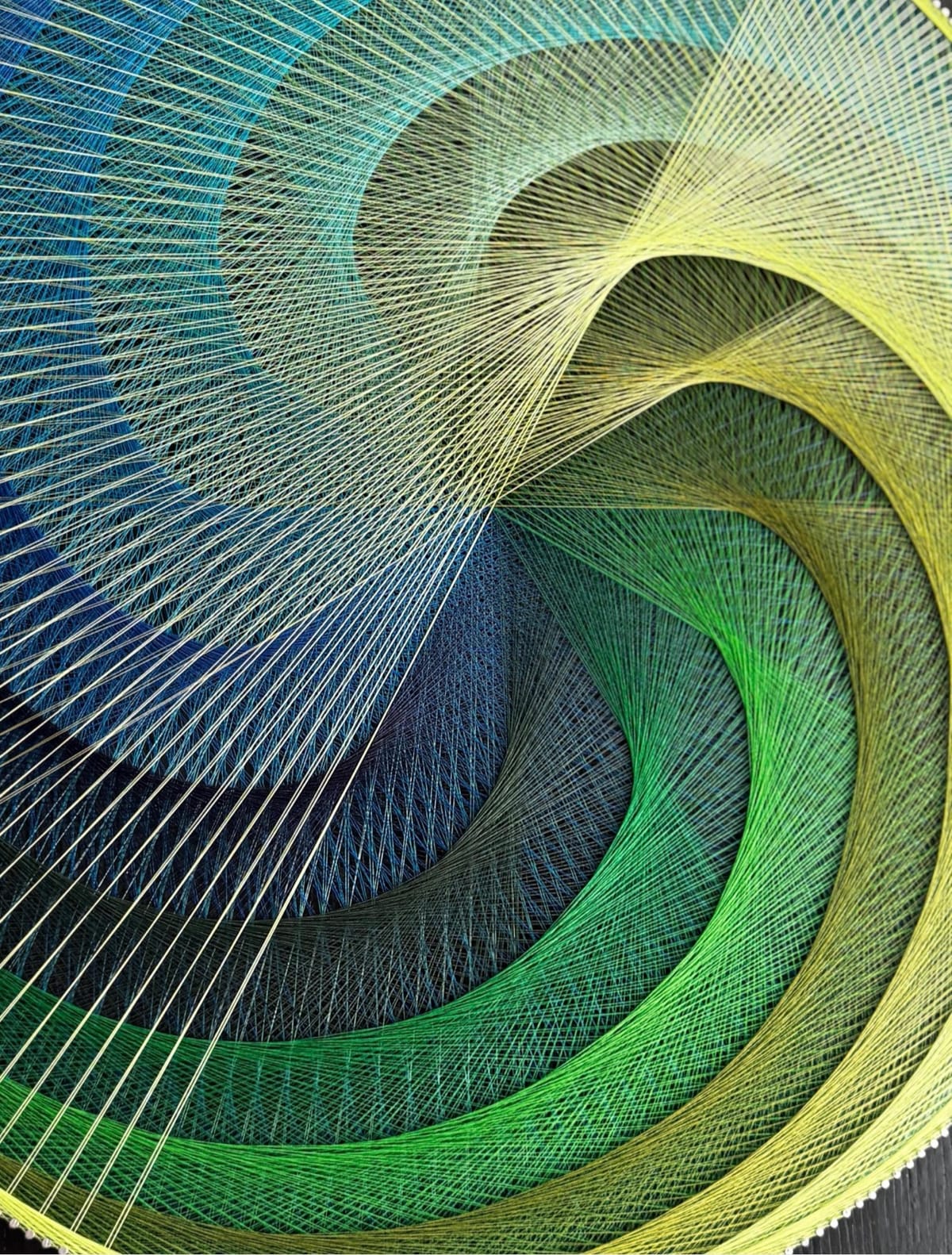 Blue Green Spiral String Art Mandala – Handmade Sacred Geometry Wall Art on Black Wood, detail view 5 — handmade string art by Asja