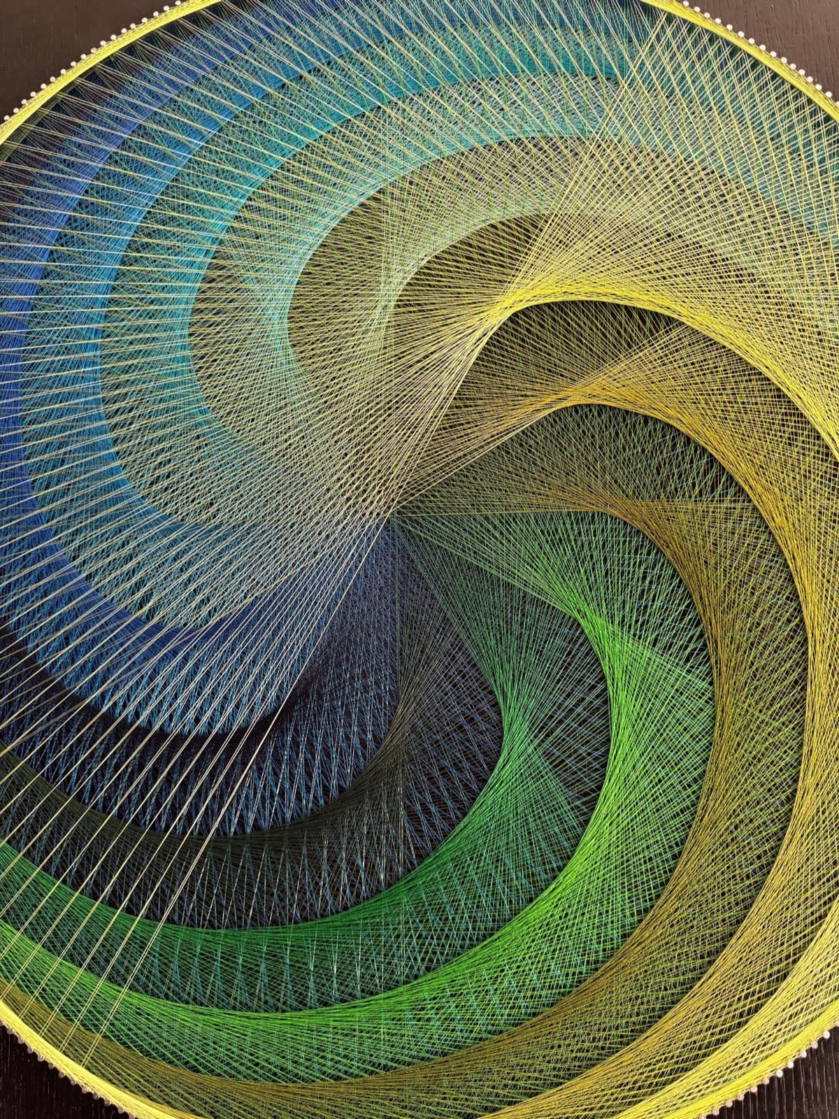 Blue Green Spiral String Art Mandala – Handmade Sacred Geometry Wall Art on Black Wood, detail view 4 — handmade string art by Asja