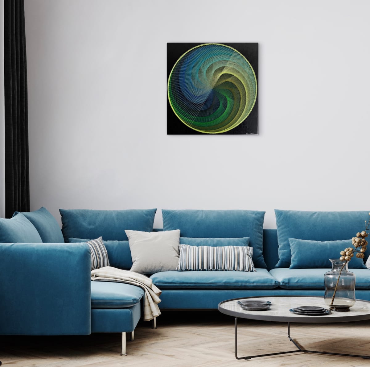 Blue Green Spiral String Art Mandala – Handmade Sacred Geometry Wall Art on Black Wood, detail view 2 — handmade string art by Asja