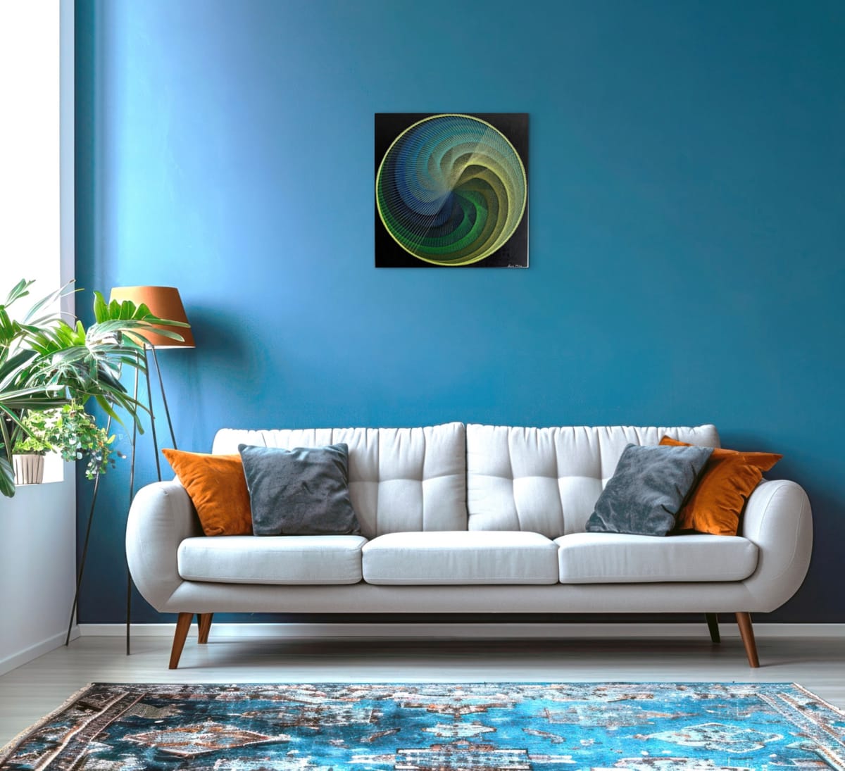 Blue Green Spiral String Art Mandala – Handmade Sacred Geometry Wall Art on Black Wood, detail view 6 — handmade string art by Asja