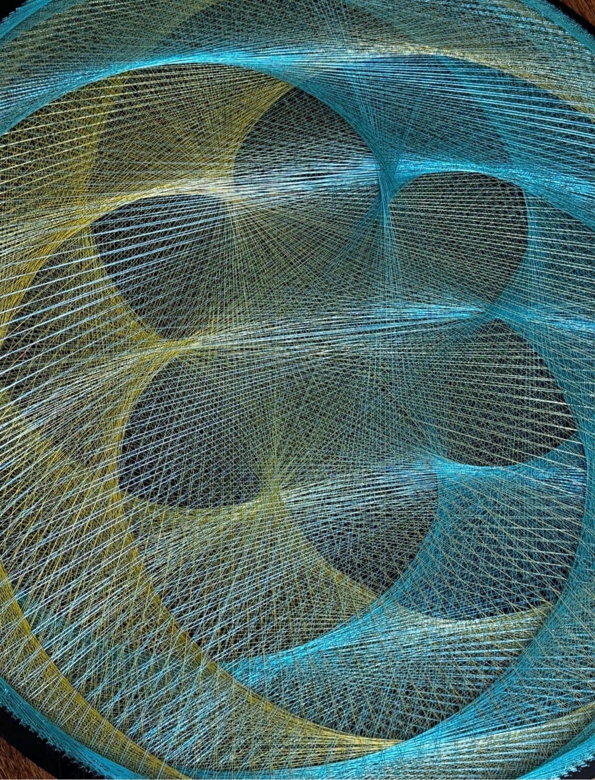 Aqua Sacred Geometry String Art – Handmade Blue Yellow Mandala Wall Art, Bedroom & Meditation Decor, detail view 4 — handmade string art by Asja