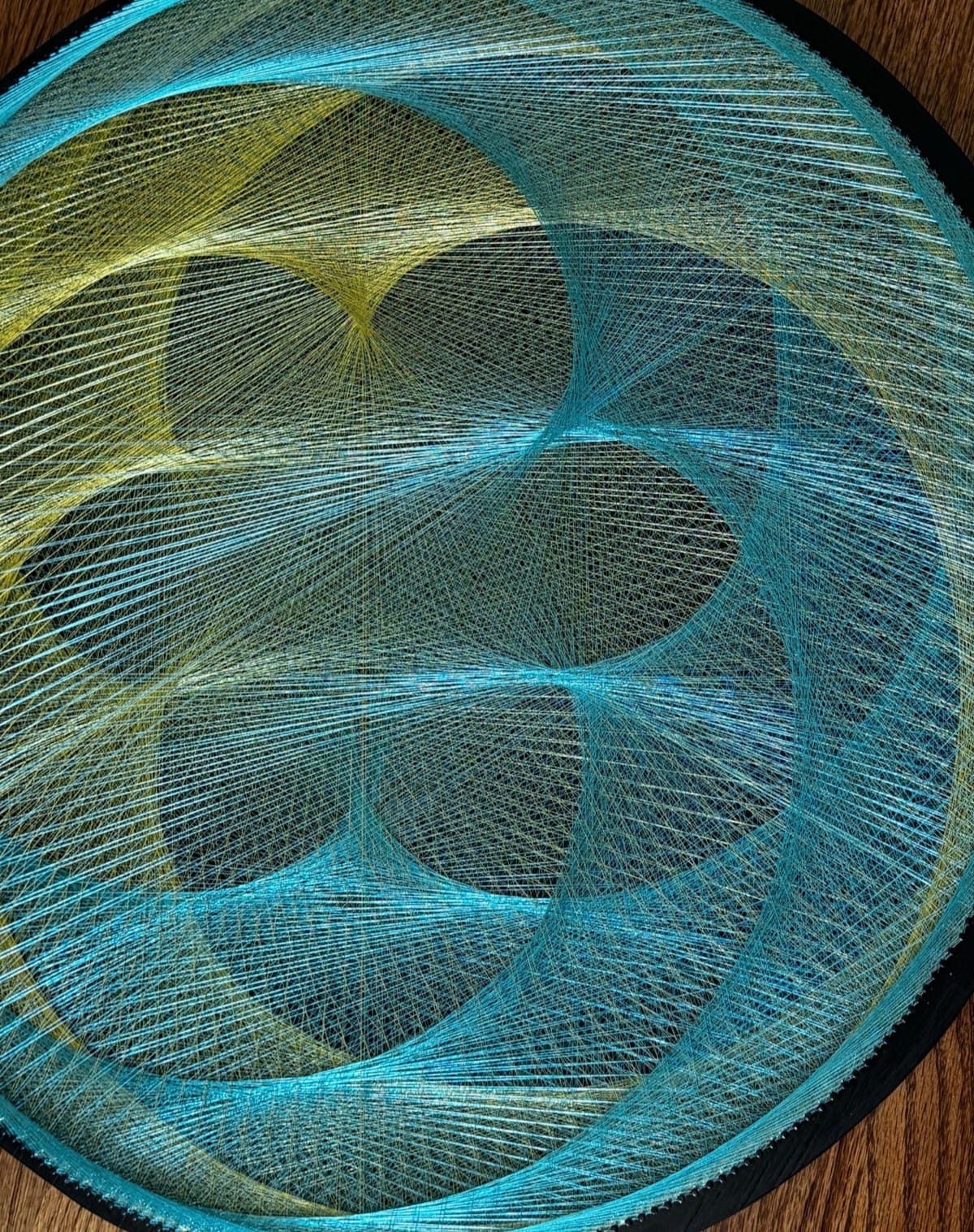 Aqua Sacred Geometry String Art – Handmade Blue Yellow Mandala Wall Art, Bedroom & Meditation Decor, detail view 3 — handmade string art by Asja