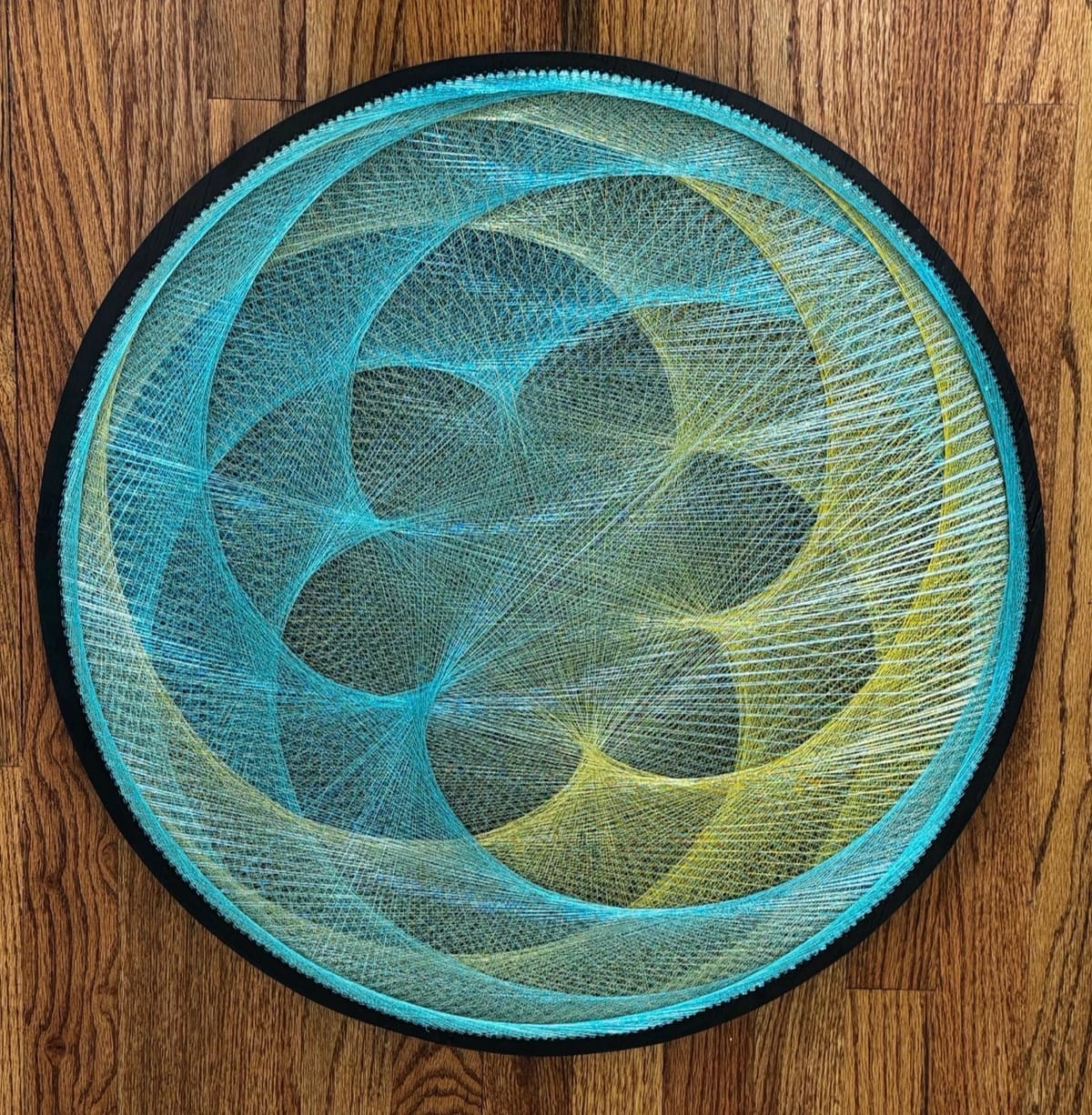 Aqua Sacred Geometry String Art – Handmade Blue Yellow Mandala Wall Art, Bedroom & Meditation Decor, detail view 2 — handmade string art by Asja